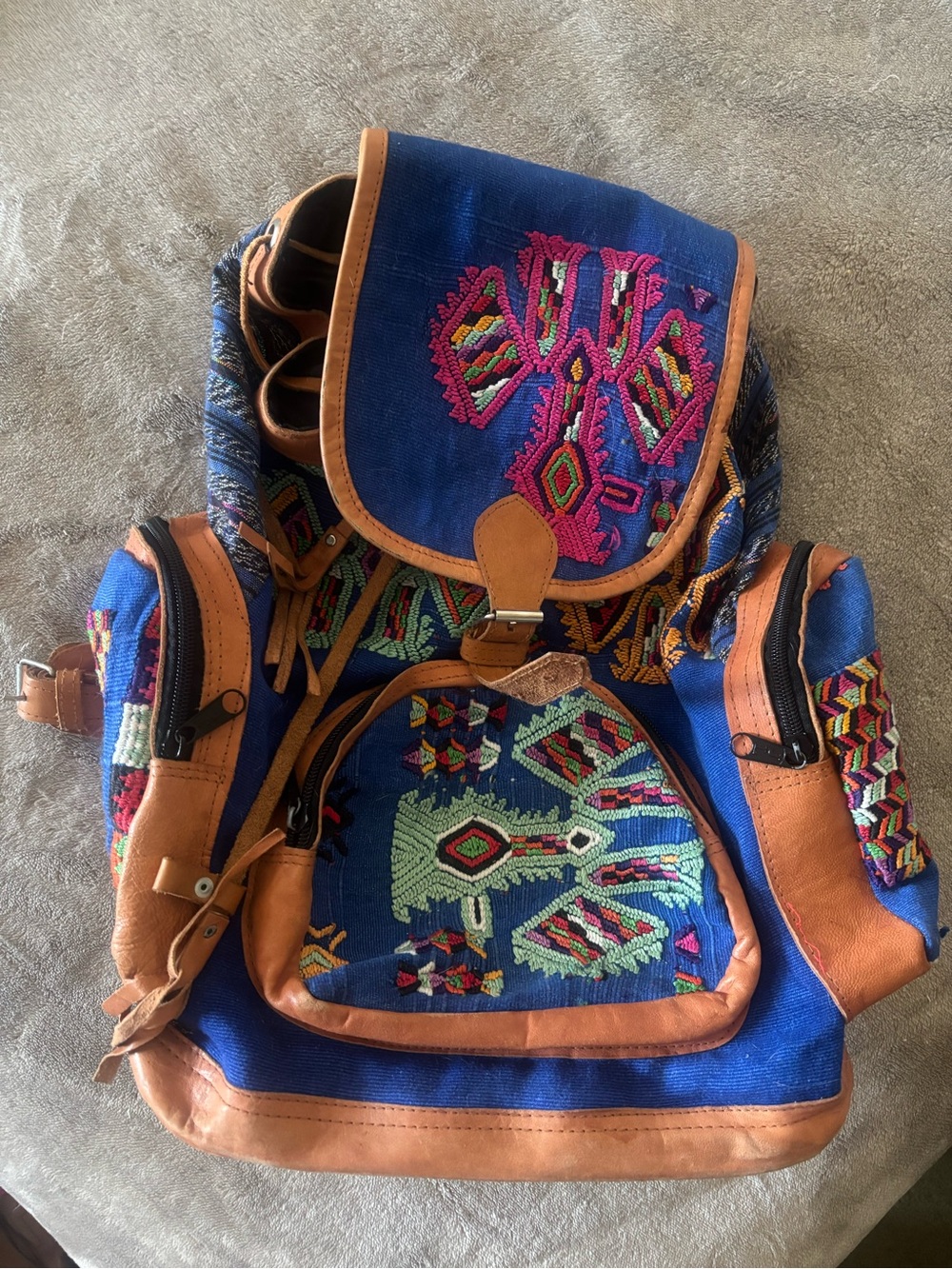 Guatemalan Huipil Vintage Embroidered Leather/Canvas Backpack Colorful Pattern
